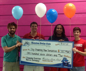  In March, Houston Swim Club donated $305 to the Stop Drowning Now foundation. 