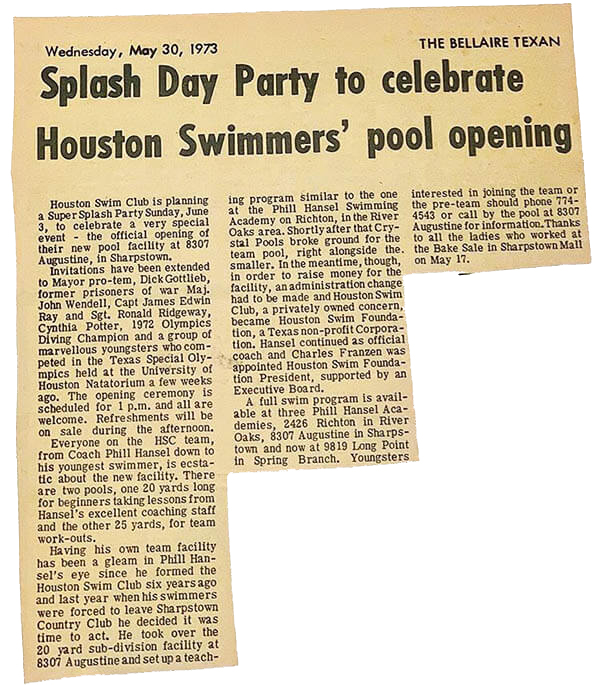 article announcing the opening of the rebranded Houston Swim Club Swim School